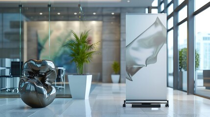 Wall Mural - Medium-sized blank roll-up standee banners beside a modern art installation in an office lobby.