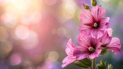 Wall Mural - Beautiful pink mallow flowers in summer garden at sunset on a blurred natural background. Copy space. Summer floral banner.
