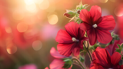 Wall Mural - Beautiful burgundy mallow flowers in summer garden at sunset on a blurred natural background. Copy space. Summer floral banner.