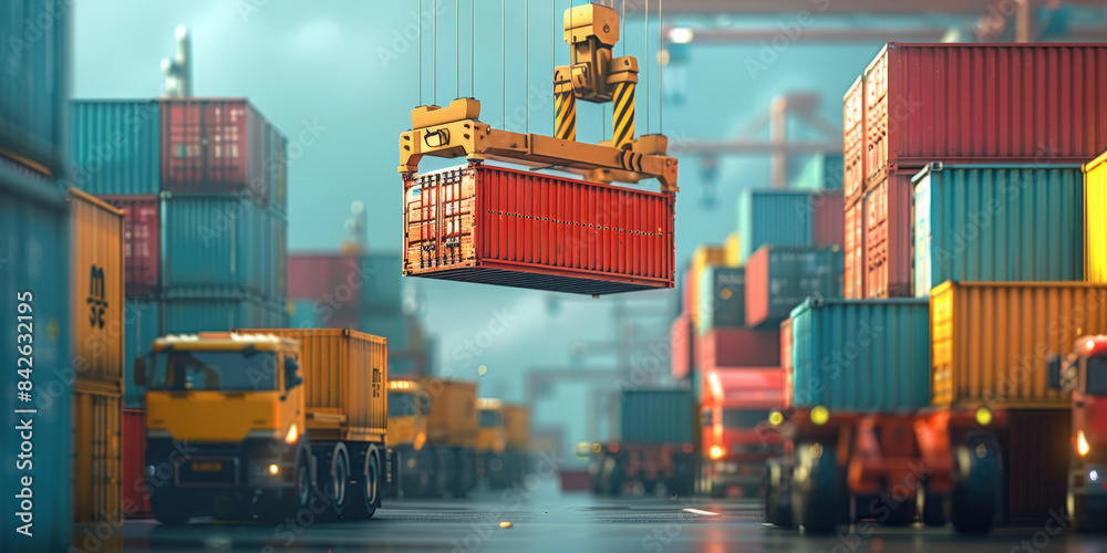 Container yard with a crane lifting a shipping container, surrounded by ...