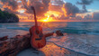 © Vladimir - A peaceful scene on the beach at sunset, with an acoustic guitar leaning against a log