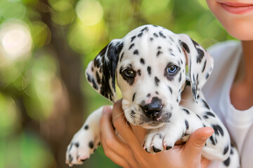 Woman holding in hands cute spotted white black dalmatian puppy in the park. Copy space. Close up.