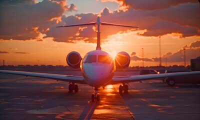 Wall Mural - Private jet standing at an airport with setting sun traveling by aircraft airplane 4K Video