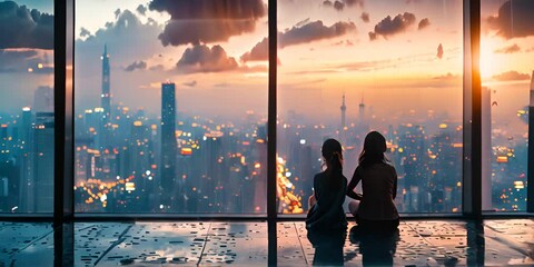 Wall Mural - Silhouette of a mother and her daughter sitting by the window of a skyscraper taking in the view of the city in rain at dusk 4K Video