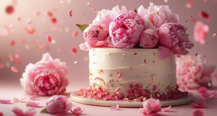 Wall Mural - Pink Peony Bouquet Decorates White Cake With Falling Petals