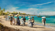 © organik - people walking on the beach, boats in the background, 19th century watercolor art painting