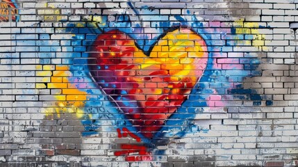Wall Mural - A heart-shaped graffiti mural with bold, vibrant colors and a stylized design, painted on a weathered brick wall.