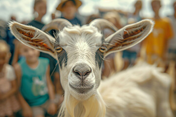 Sticker - a goat with long horns standing in front of a crowd