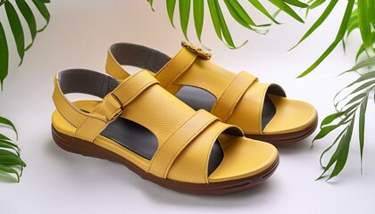 Yellow leather sandals in a casual style with a white backdrop and text and logo copy space