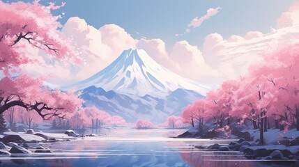 A beautiful painting of a mountain and a tree with pink flowers