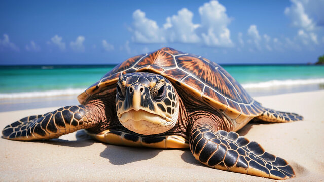 Stunning Majestic Large Endangered Sea Turtle Relaxing On The Beach 300 PPI High Resolution Image Background Wallpaper