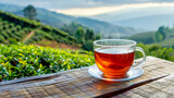 Tea cup on a wooden table with tea plantation view