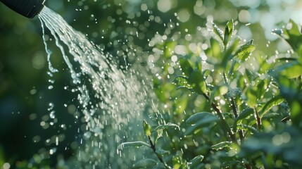 Wall Mural - A close-up of a garden hose nozzle spraying water on plants.