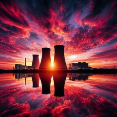 A striking sunset with vibrant red and orange clouds reflected in the water, creating a dramatic backdrop for the silhouetted nuclear cooling towers.