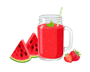 Wall Mural - Red fruit smoothie with watermelon and strawberry. Healthy drink in glass mason jar. Vector cartoon illustration