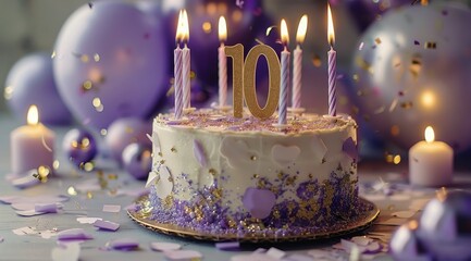 Wall Mural - Purple and Gold Ten Year Old Birthday Cake With Candles and Confetti