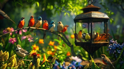 Wall Mural - A garden corner with a bird feeder and colorful songbirds.