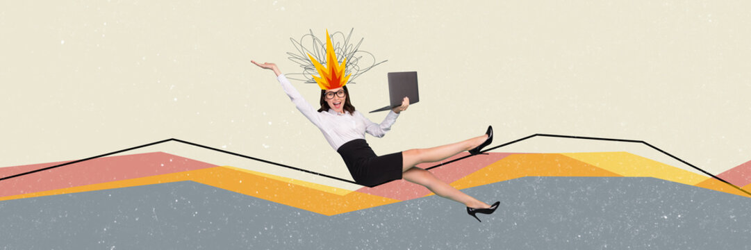 Collage sketch picture of crazy smiling happy woman office worker flame fire idea plan work hard dilemma isolated on drawing background