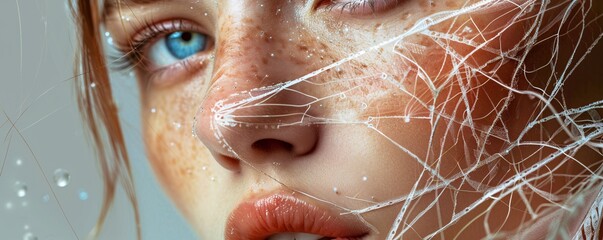 Wall Mural - Close-up portrait of a young woman with blue eyes, freckles, and delicate white lace adorning her face