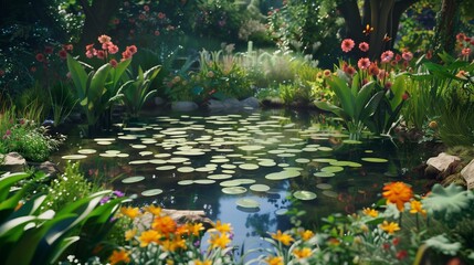 Wall Mural - A garden pond surrounded by lush greenery and summer flowers.