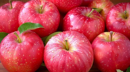 Wall Mural - Fresh red apples with water droplets on wooden surface