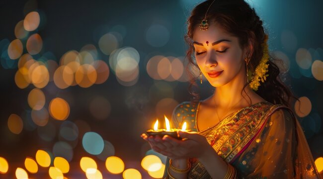 Woman Lighting Diya During Diwali Celebration in India