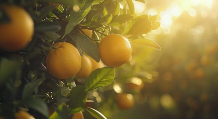 Wall Mural - Ripe Oranges Hanging From a Tree Branch in a Sunny Orchard