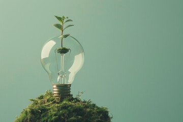 Wall Mural - Green plant growing in a light bulb on top of a mossy rock in a natural environment with sunlight streaming through, nature concept