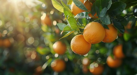 Wall Mural - Ripe Oranges Hanging From a Tree Branch in a Sunny Orchard