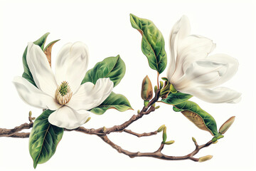 Magnolia flower isolated on white background, old botanical illustration