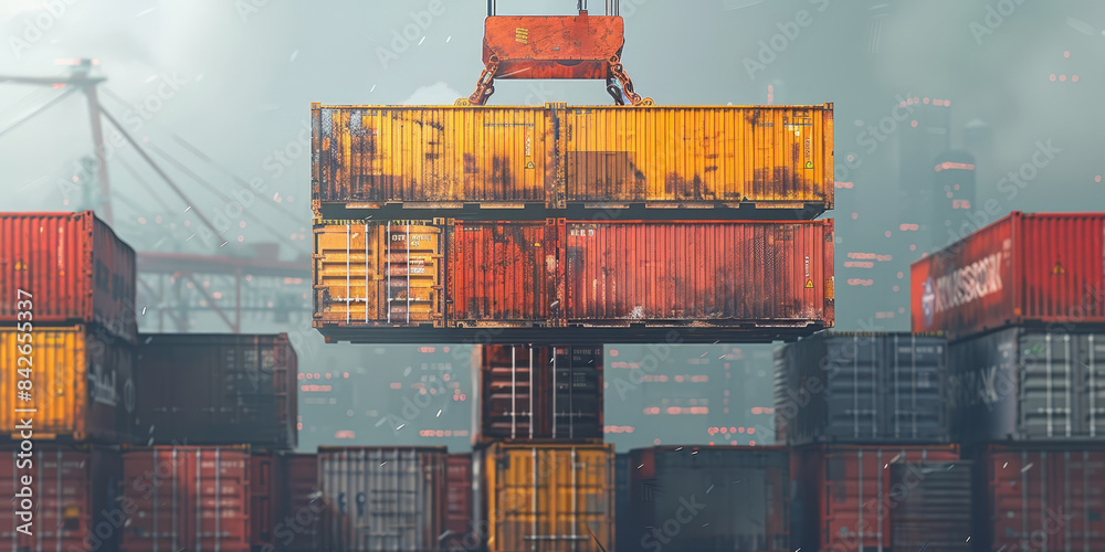 Container yard with a crane lifting a shipping container, surrounded by ...