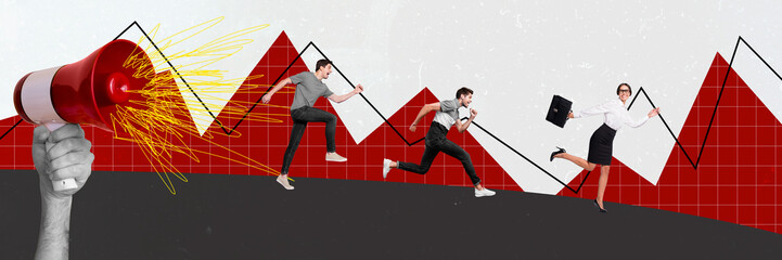 Aufkleber - Composite trend artwork sketch image photo collage of hand hold huge loudspeaker alert talk business people man lady run fast competition