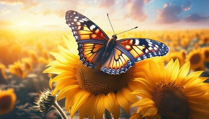 Wall Mural - A painted lady butterfly with orange, black, and white patterns on its wings alights on a flower.