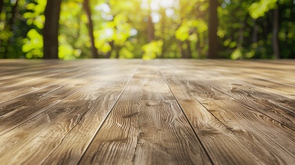 Sticker - Blank empty wooden laminate floor for products with blurred forest background.