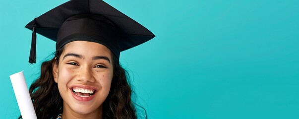 Wall Mural - Young woman is celebrating her graduation with a big smile while holding her diploma
