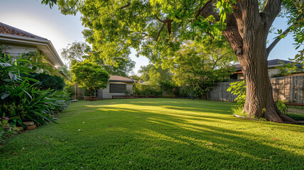 Canvas Print - backyard with lawn and big tree