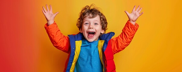 Wall Mural - Excited young boy with curly hair joyfully waves his hands in the air