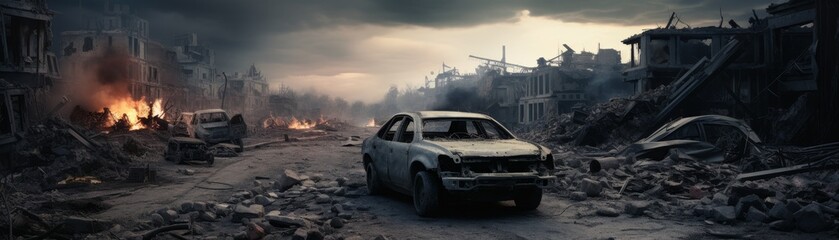 Wall Mural - A car is in the middle of a destroyed city. The car is old and rusted. The city is in ruins and the sky is cloudy