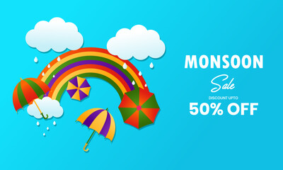 Wall Mural - Monsoon Season sale background, banner, poster and web header design vector illustration.