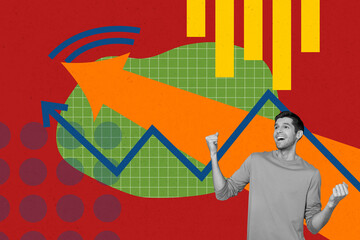 Aufkleber - Trend artwork composite sketch image 3D photo collage of stats diagram infographics analysis happy success man fist yes arrow grow up
