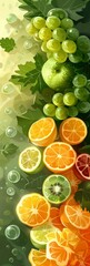 Wall Mural - Fresh Citrus Fruits and Grapes With Green Leaves in an Abstract Design