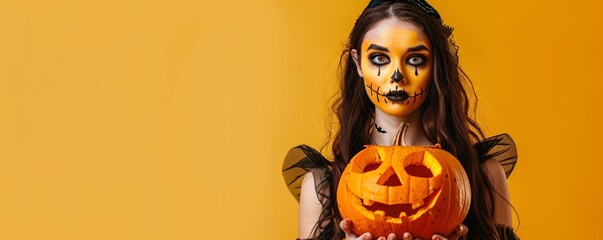 Person in eerie skull makeup holds a carved pumpkin for halloween