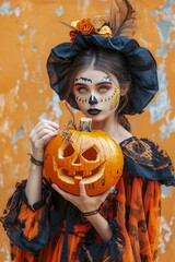Wall Mural - Spooky woman is holding a carved pumpkin for a halloween photoshoot