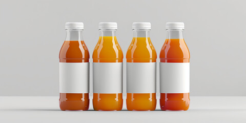 Wall Mural - Four glass bottles of orange juice with blank white labels on a white surface mockup