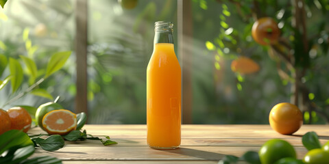 Wall Mural - A glass bottle filled with orange juice sits on a wooden table in front of a lush green background mockup