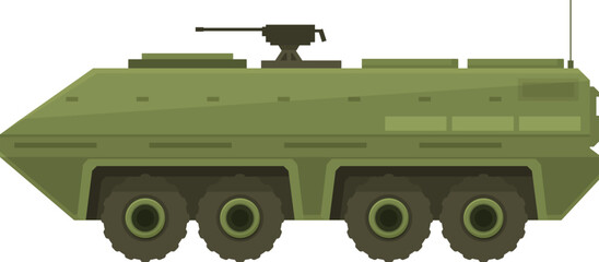 Green armored vehicle with a gun on top used by military forces for transportation and combat