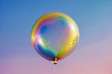 Bright cute transparent rainbow holographic balloon flying on pastel gradient background, party banner.