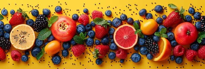 Wall Mural - Colorful Fresh Fruits and Berries Arrangement on Yellow Background