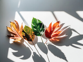 Wall Mural - creative layout of colorful palm leaves on a white background in the rays of the sun, with shadows. 