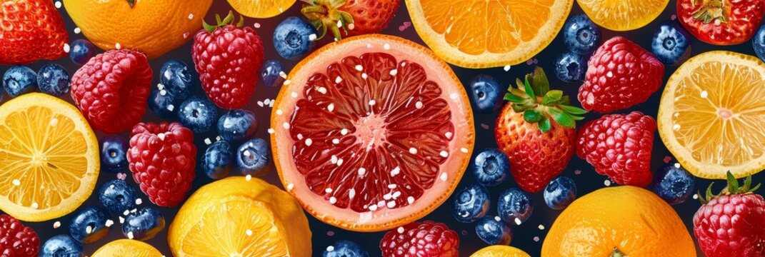 Colorful Fruit Background With Lemon, Orange, Raspberry, and Blueberry